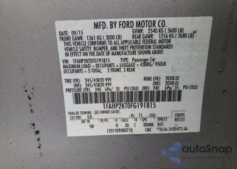 2015 Ford Taurus Sho z USA, uszkodzony, nr VIN 1FAHP2KT0FG191815